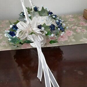 White Wicker Flower Basket - Flower Girl- Blue Flowers